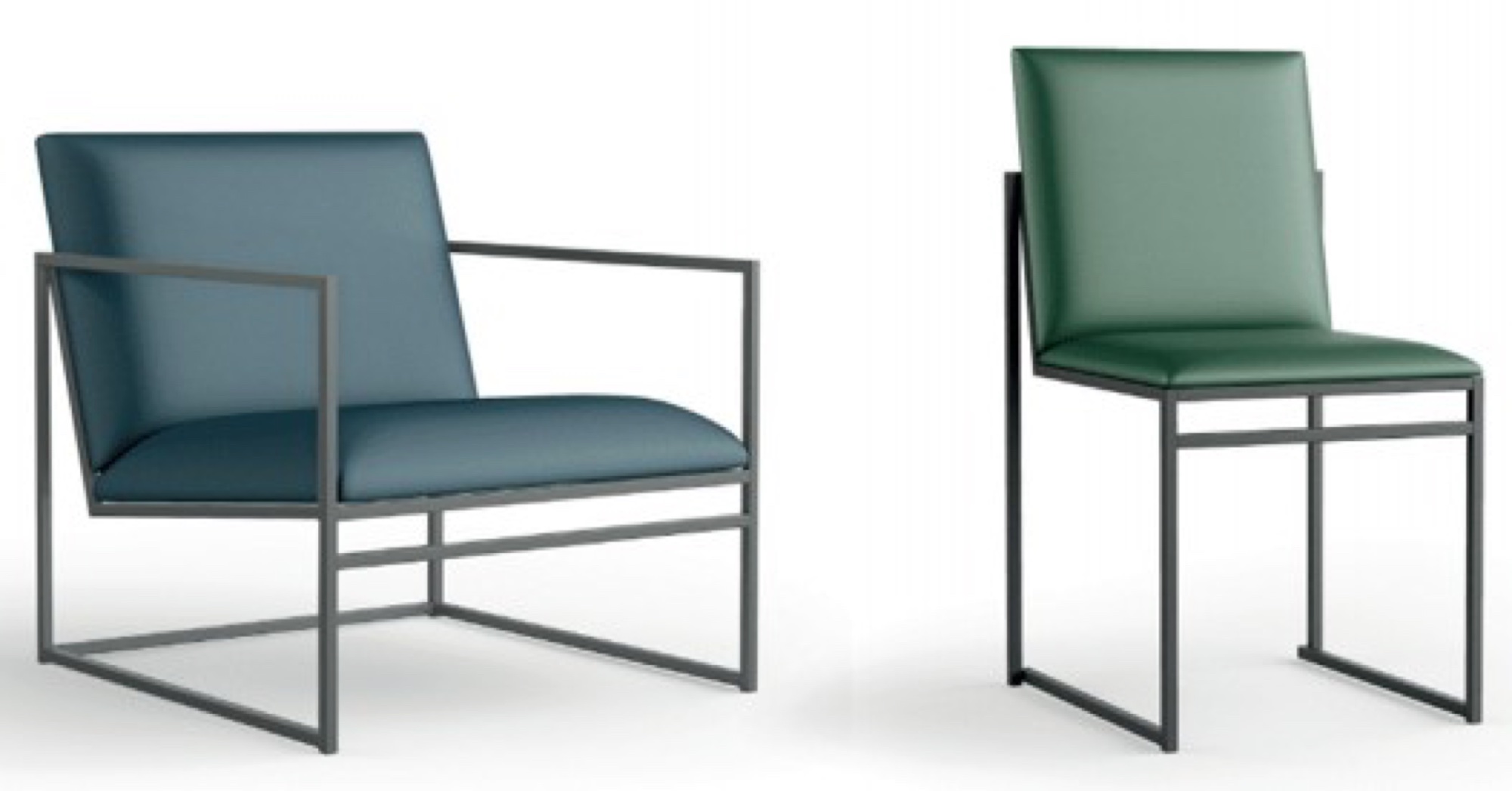 Cadeiras metálicas com estofo azul e verde