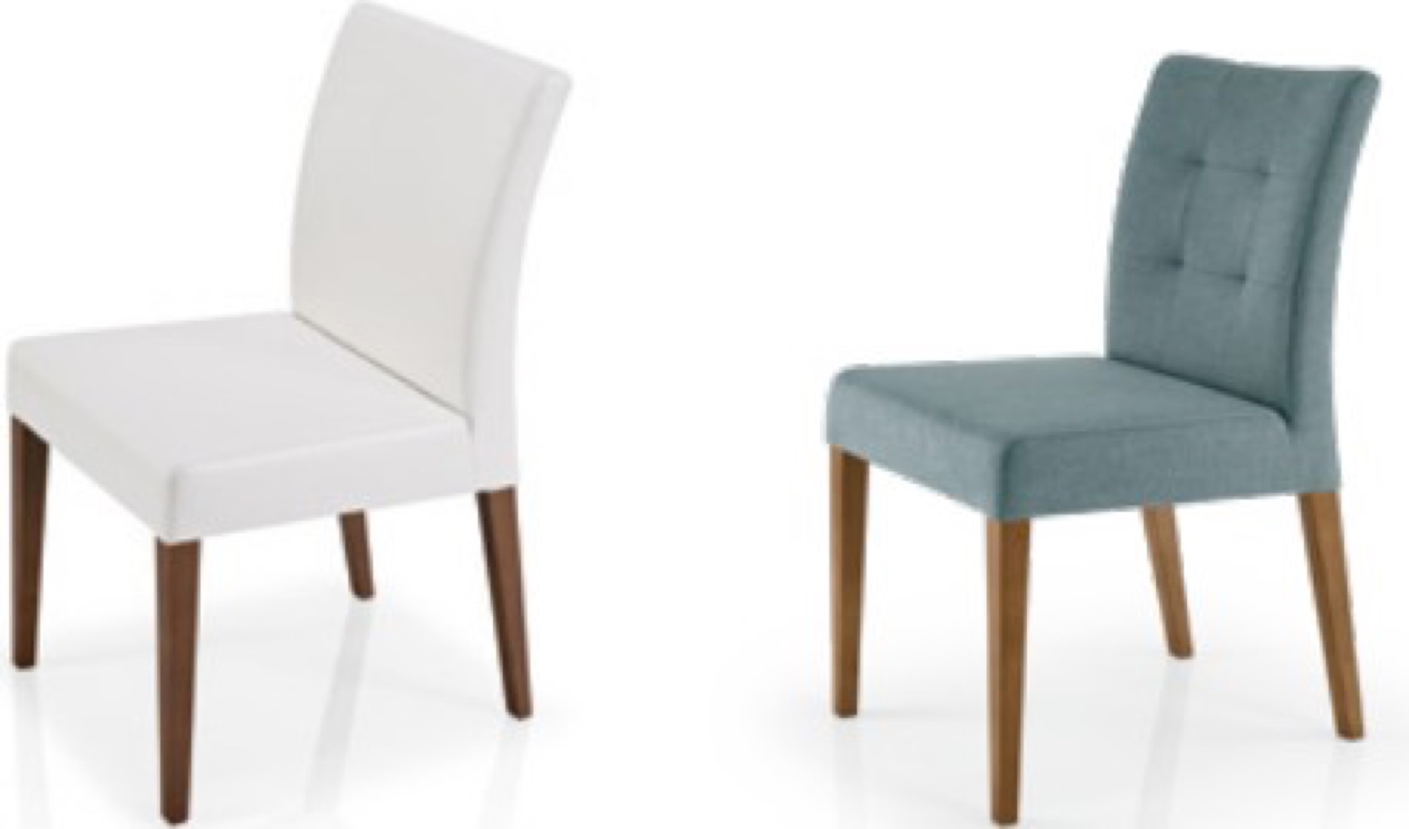 Cadeiras estofadas branca e azul com pernas em madeira