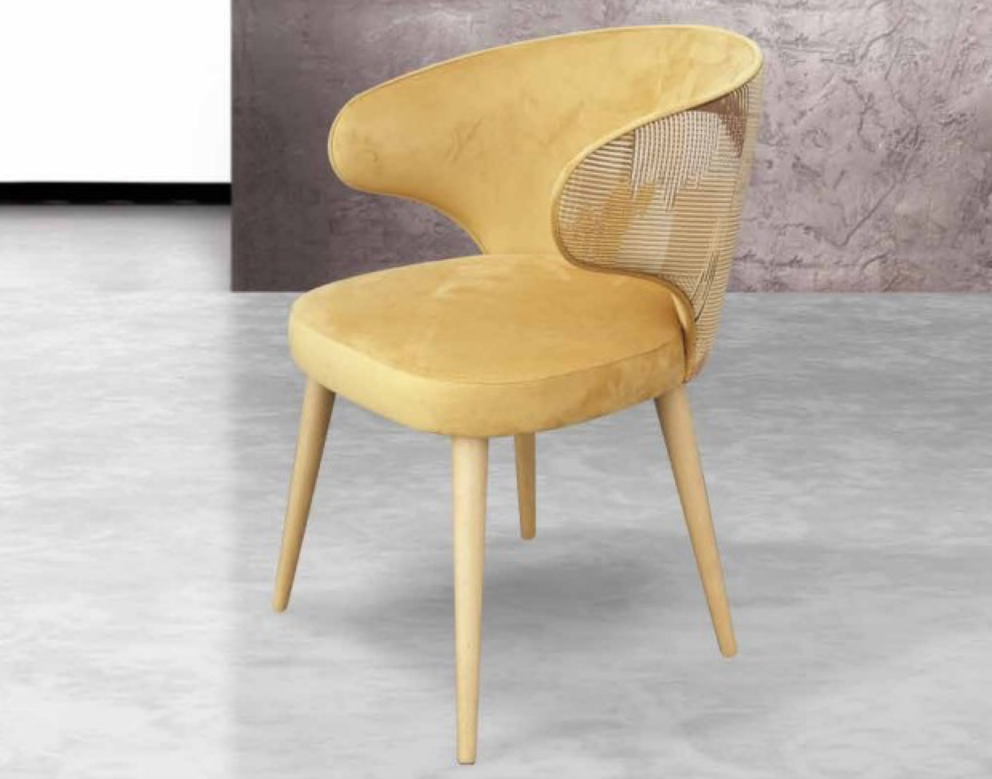 Cadeira amarela com costas em rede dourada