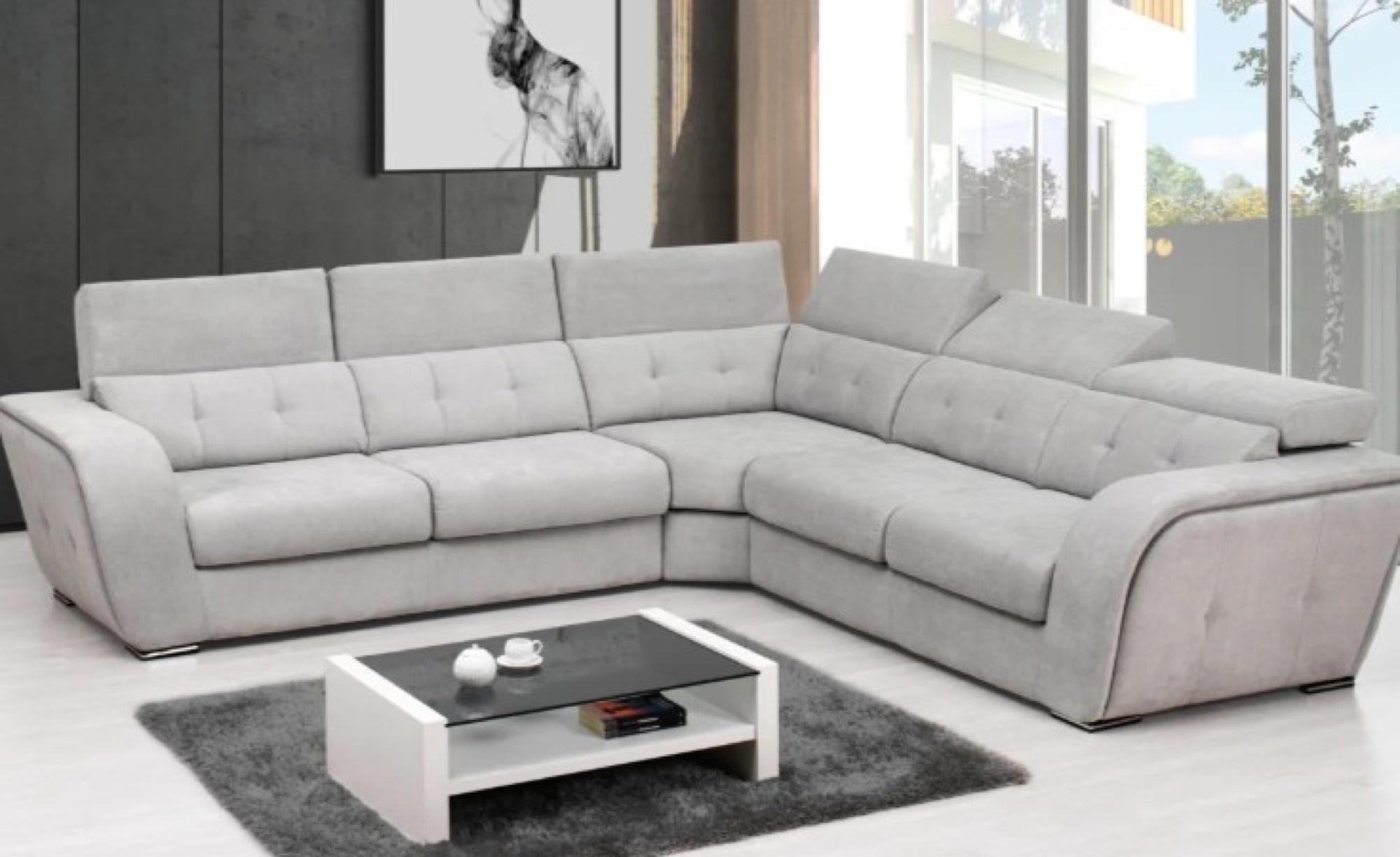 Sofá de canto cinzento com chaise longue