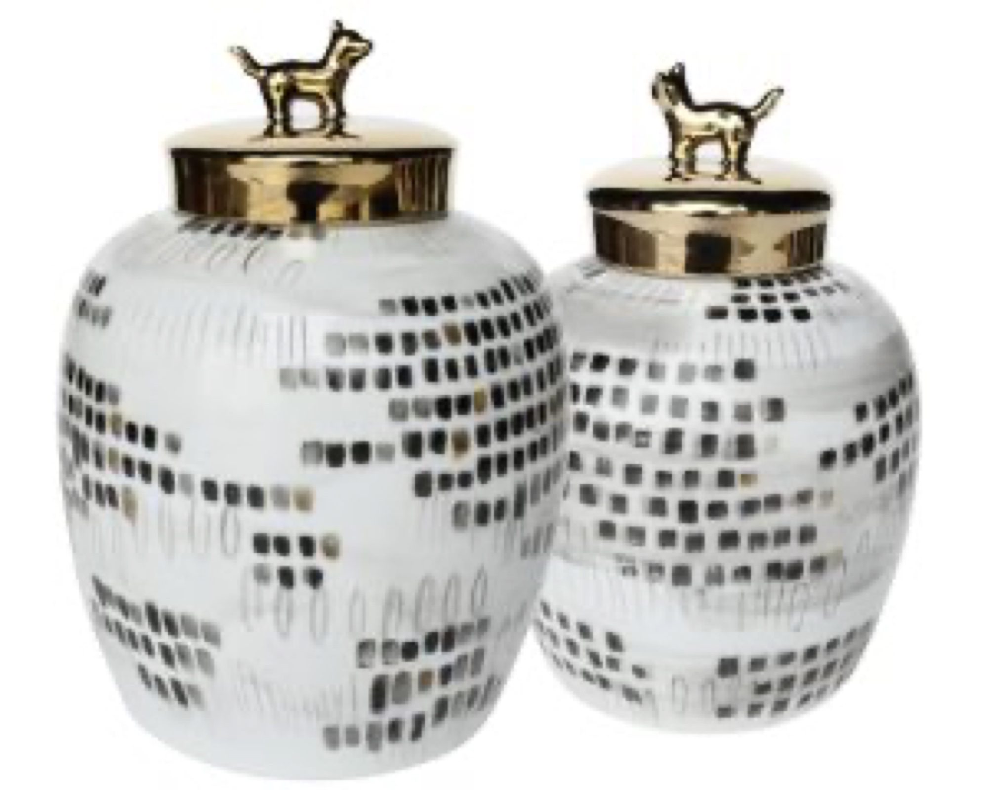 Potes decorativos brancos com tampa dourada