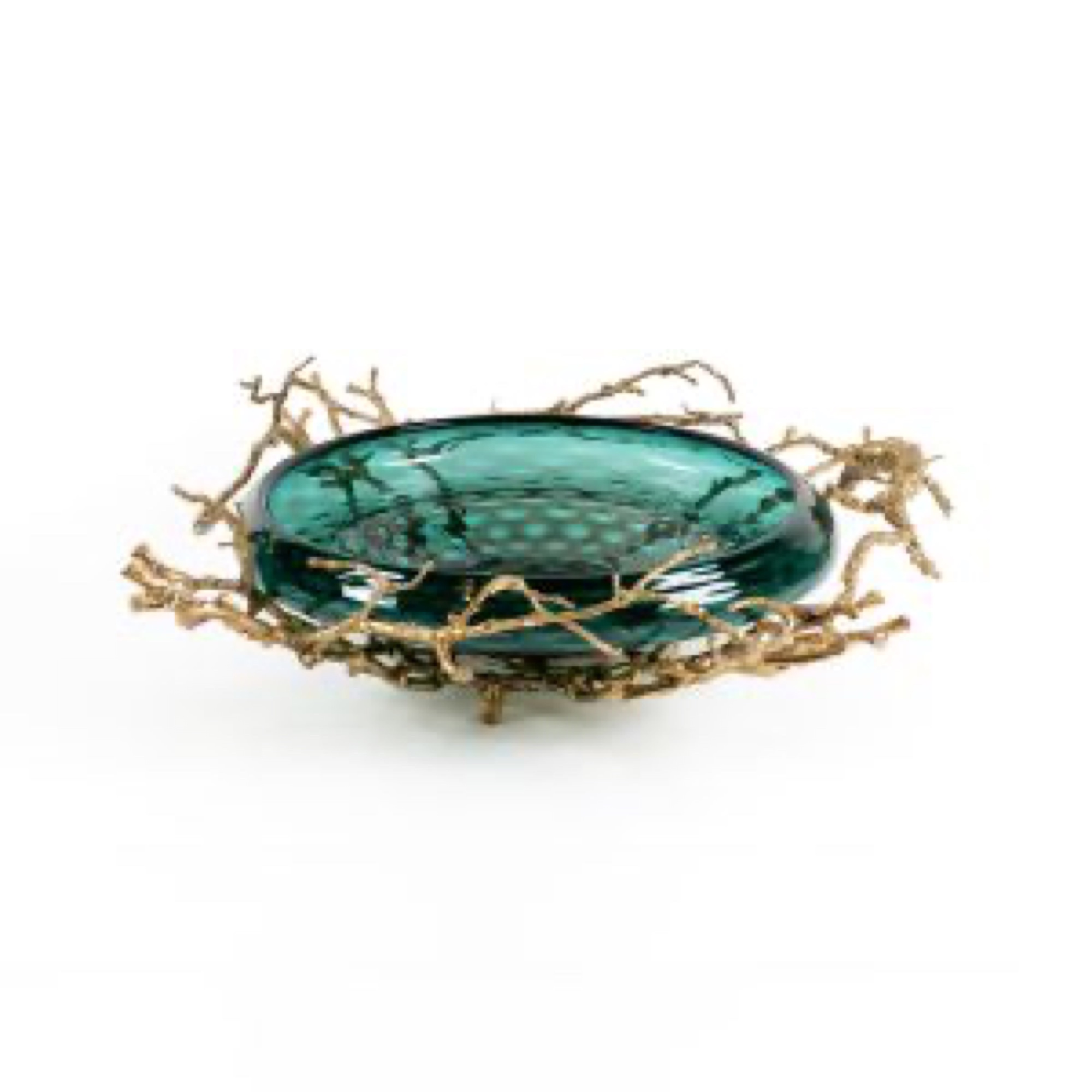 Taça decorativa em vidro verde dourada